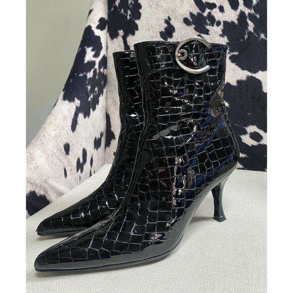 Stuart Weitzman Black Croc-Embossed Ankle Boots - Picture 1 of 13